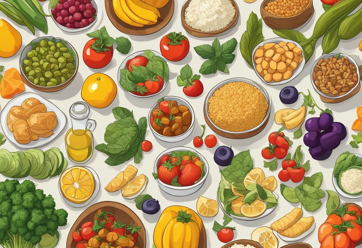 A table set with colorful Mediterranean dishes, surrounded by fruits and vegetables. High-sugar foods are absent, showcasing a gluten-free Mediterranean diet