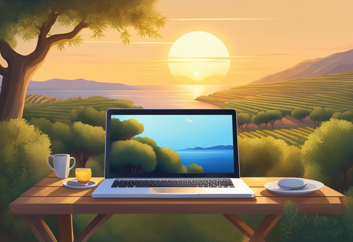 A serene Mediterranean landscape with a laptop and smartphone nestled among olive trees, a calm sea in the background, and a warm sunset casting a golden glow over the scene