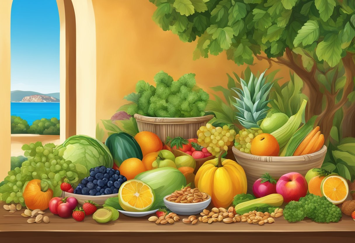 A table with colorful fruits, vegetables, nuts, and grains, surrounded by Mediterranean scenery