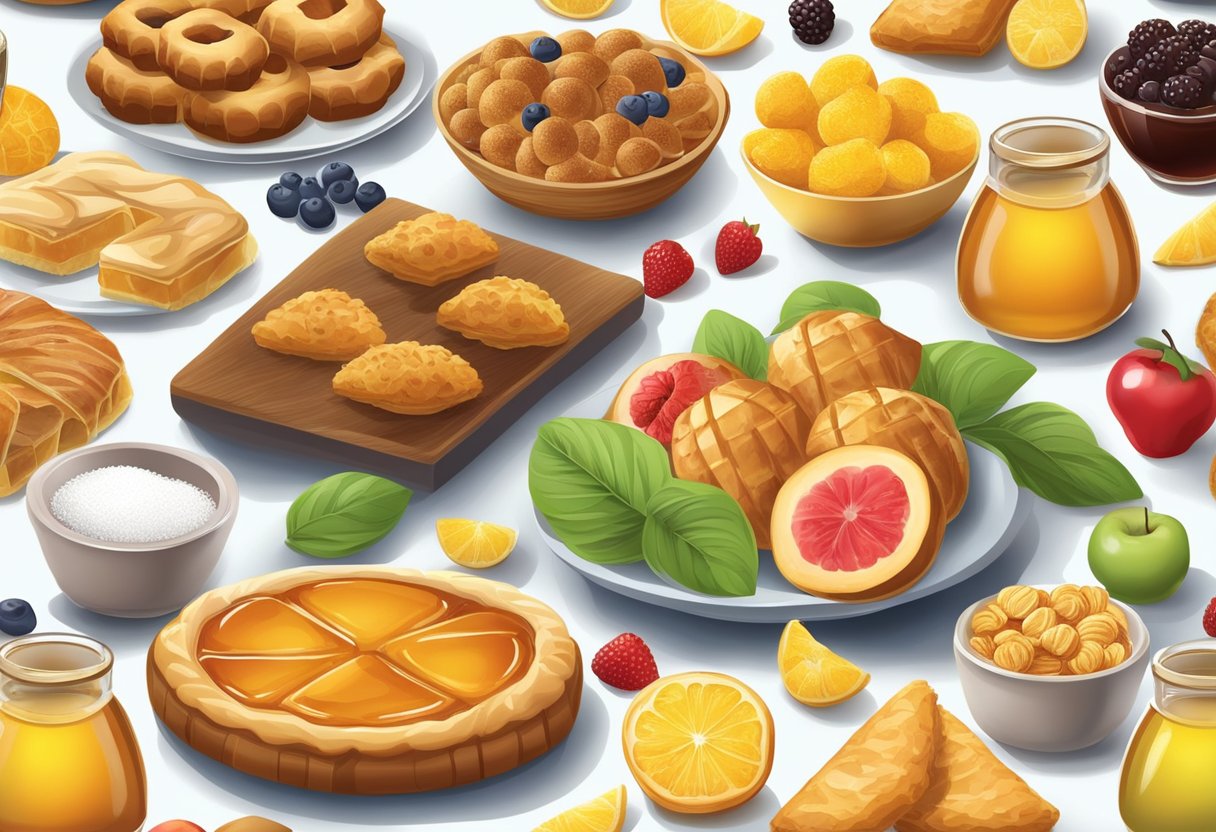 A table with a variety of high-sugar foods commonly found on the gluten-free Mediterranean diet, such as fruits, honey, and sweet pastries