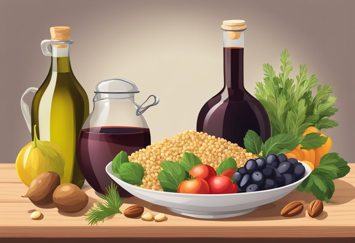 A table with fresh fruits, vegetables, nuts, and grains. A bowl of quinoa, olive oil, and herbs. A jar of pickled olives and a bottle of red wine vinegar