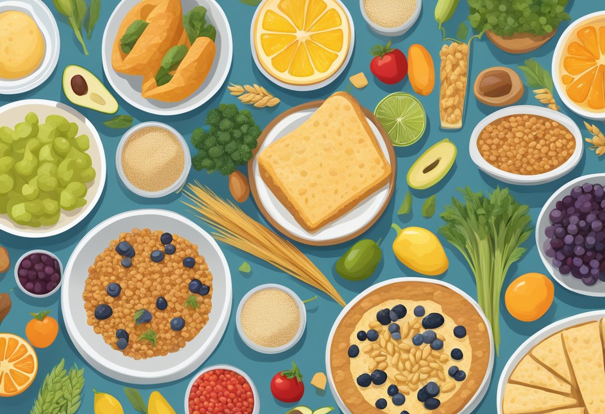 A colorful array of gluten-free processed foods, including grains, fruits, vegetables, and packaged items, arranged on a Mediterranean-inspired table setting