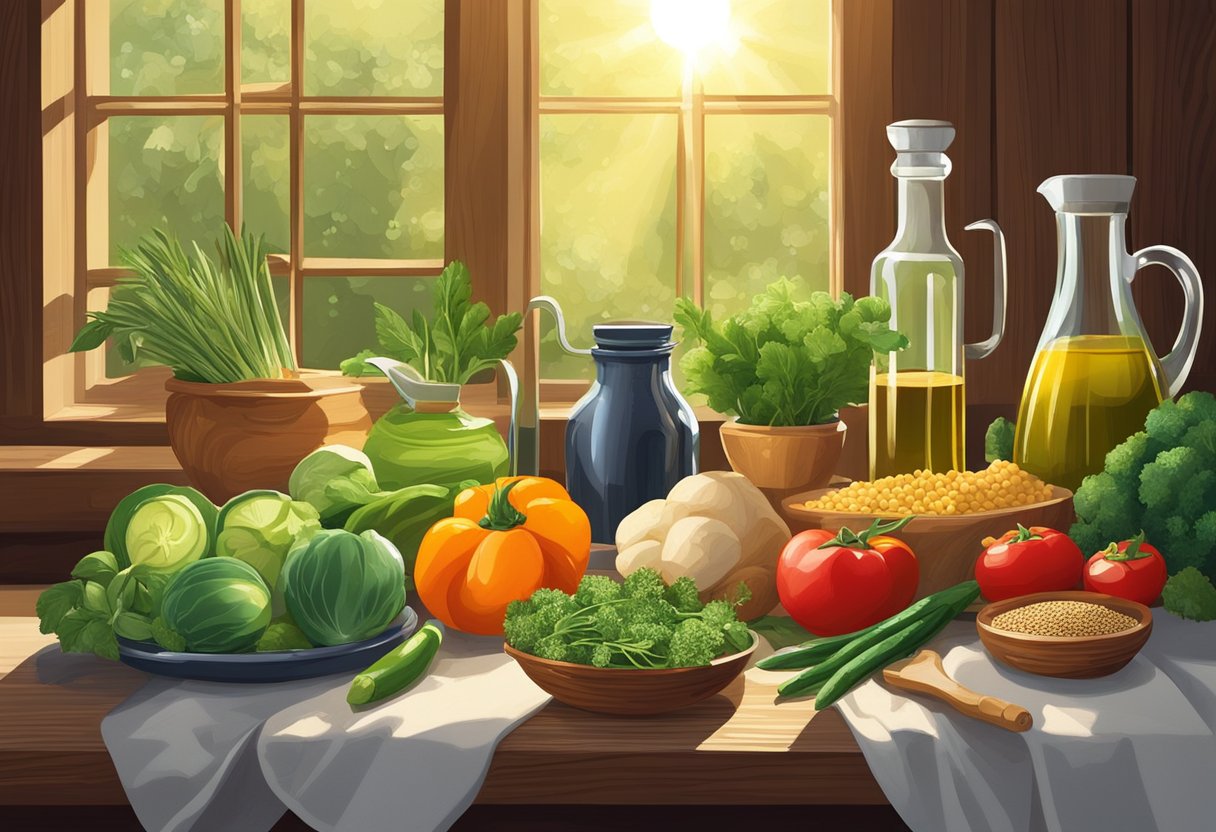 A colorful array of fresh vegetables arranged on a rustic wooden table, surrounded by olive oil, herbs, and grains. The sun shines through a window, casting a warm glow on the scene