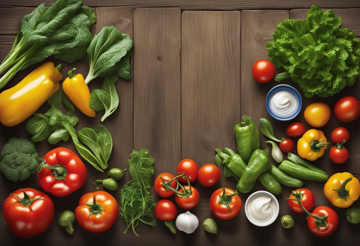 A colorful array of fresh vegetables, such as tomatoes, bell peppers, and leafy greens, arranged on a rustic wooden table, with a backdrop of olive oil and Mediterranean herbs