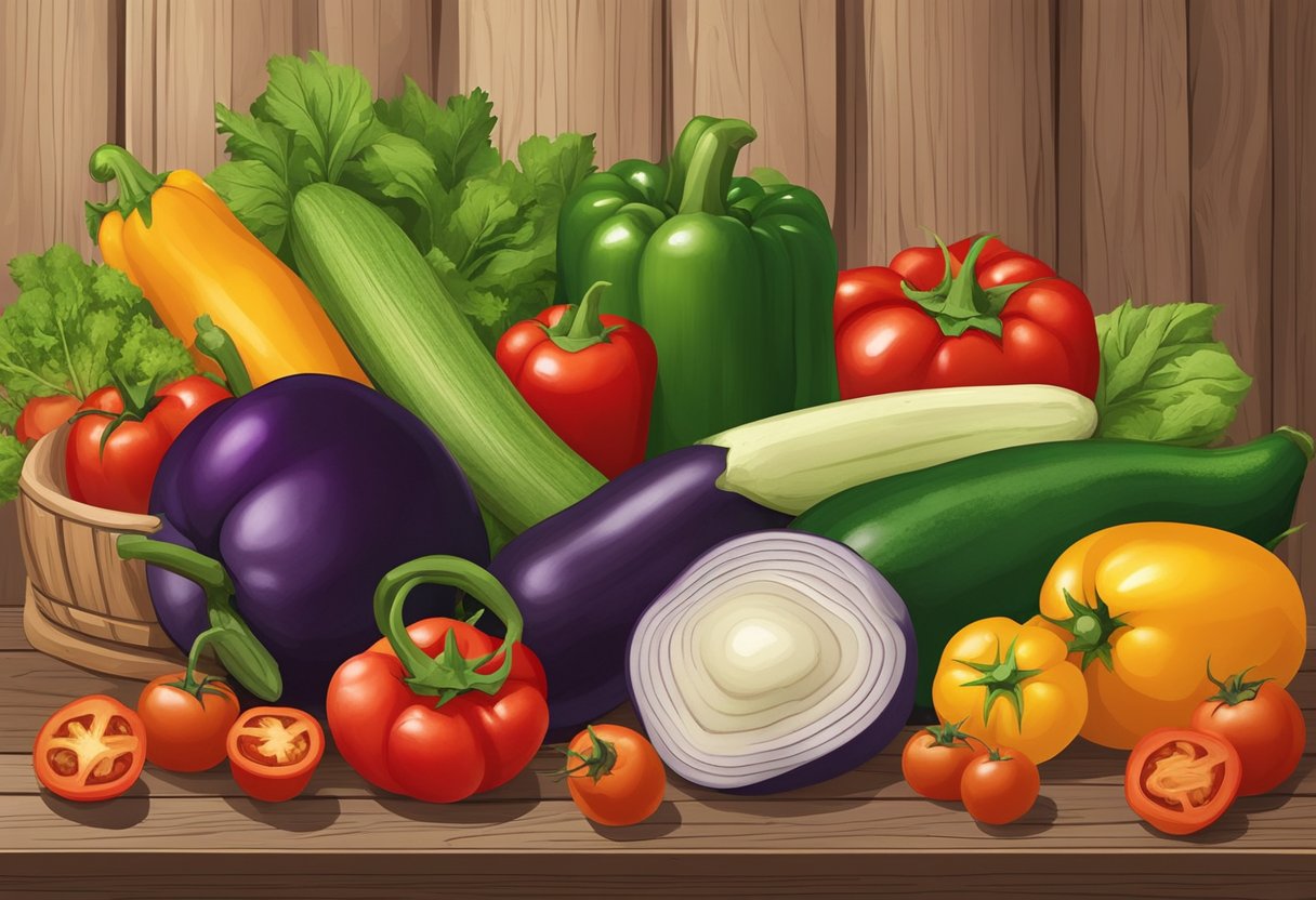 A colorful array of fresh vegetables arranged on a rustic wooden table, including tomatoes, bell peppers, zucchini, and eggplant