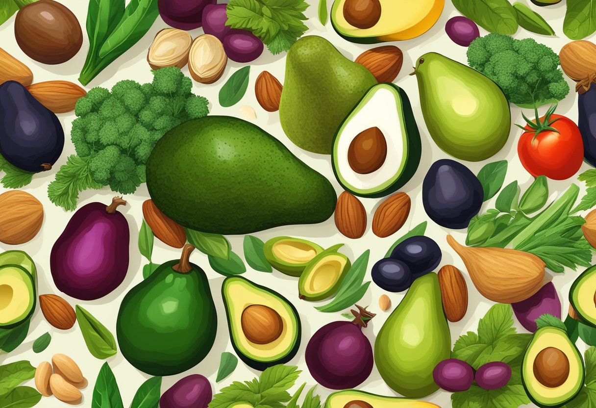 A colorful array of avocados, olives, and nuts, surrounded by vibrant vegetables and herbs, representing the essential role of healthy fats and oils in the gluten-free Mediterranean diet