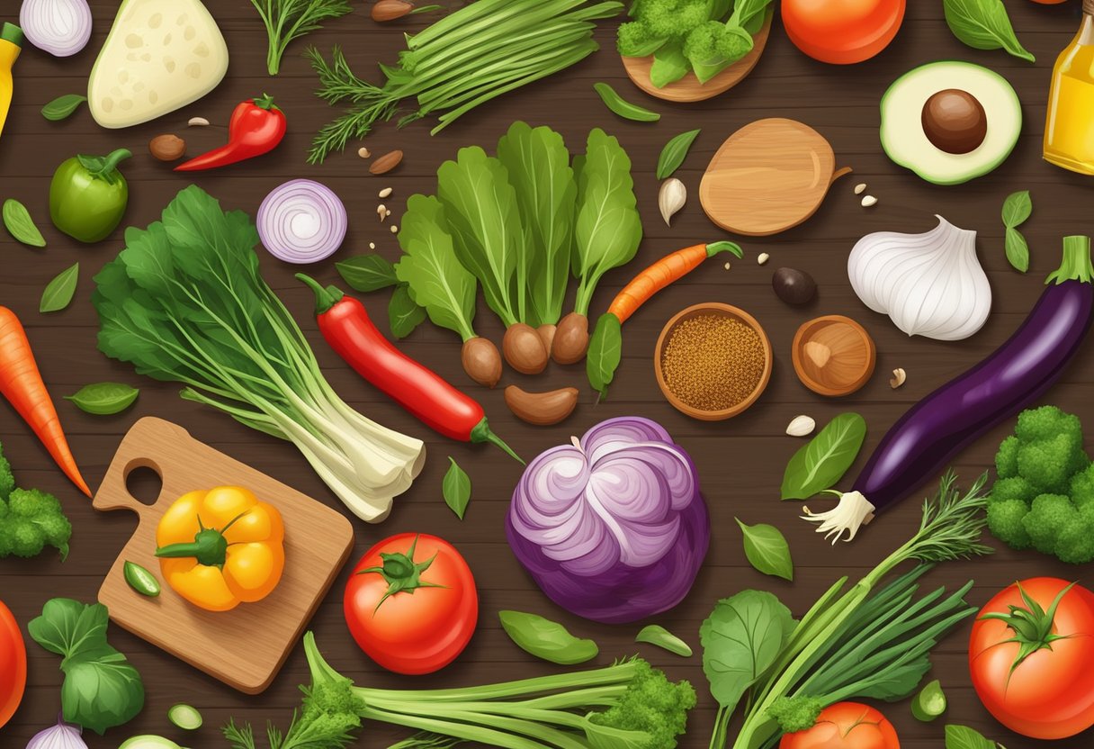 A colorful array of fresh vegetables arranged on a wooden cutting board, surrounded by olive oil, herbs, and spices