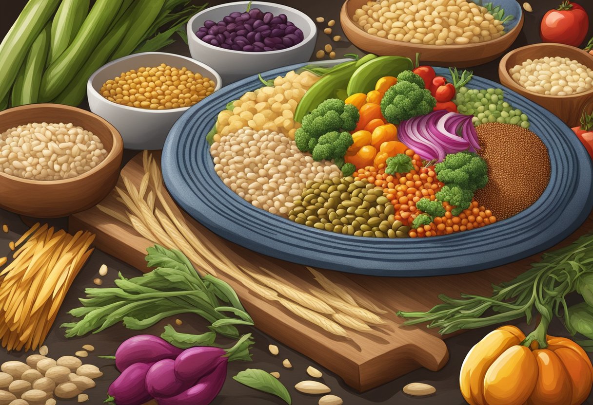 A colorful array of gluten-free grains and vibrant vegetables arranged on a Mediterranean-inspired platter