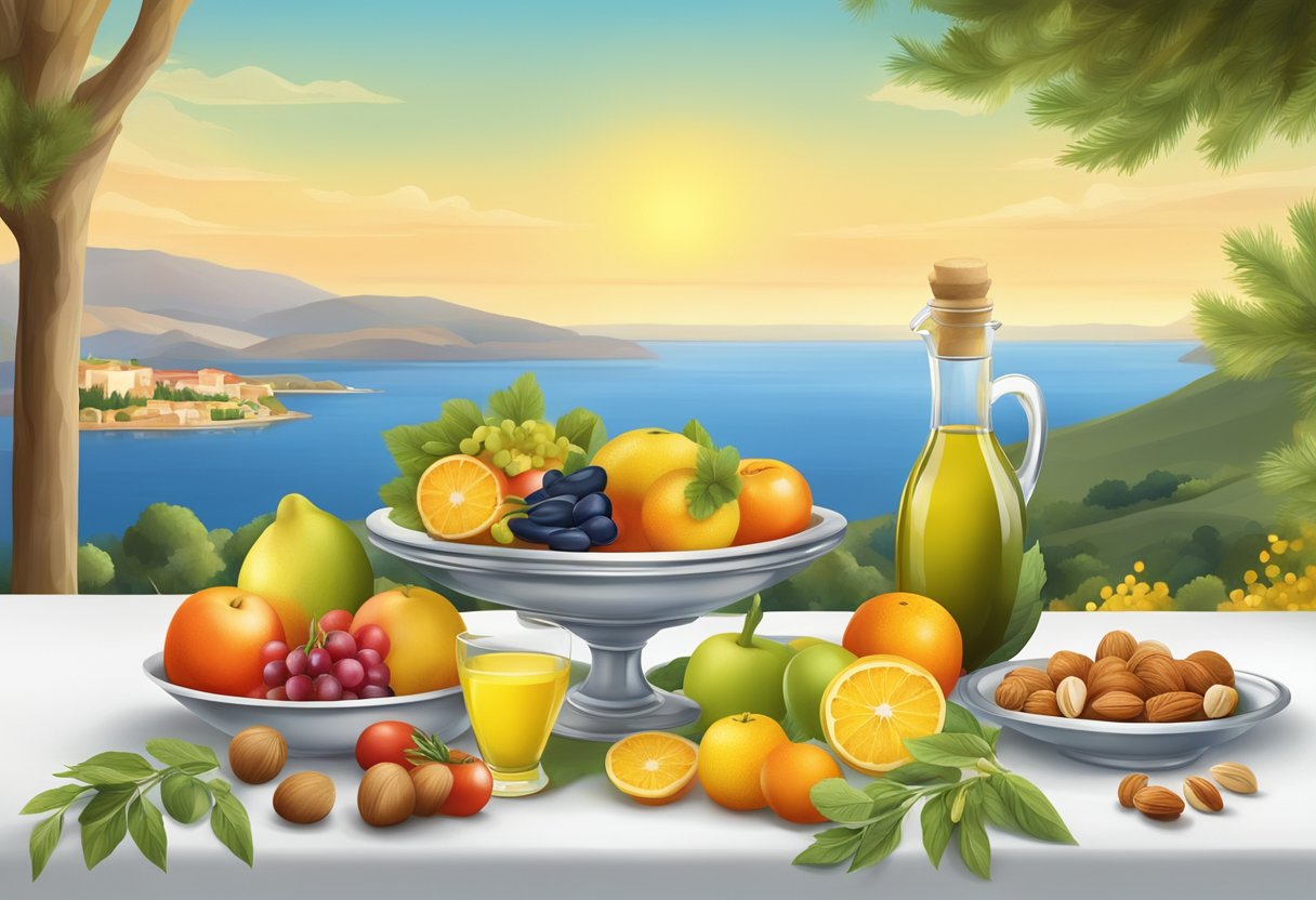 A table set with colorful fruits, vegetables, nuts, and olive oil, surrounded by a serene Mediterranean landscape