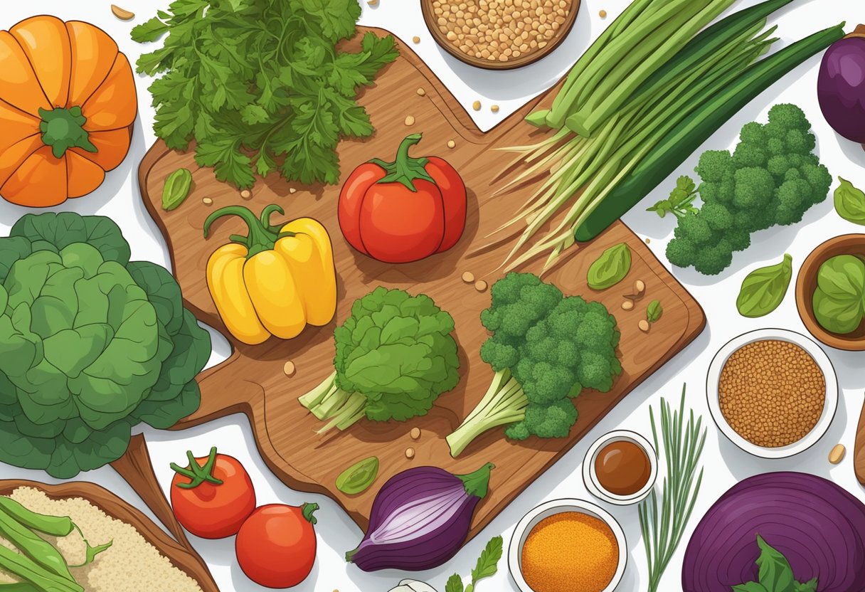 A colorful array of fresh vegetables arranged on a wooden cutting board, with a variety of herbs and spices nearby. A bowl of gluten-free grains sits beside the vegetables, creating a vibrant and healthy scene