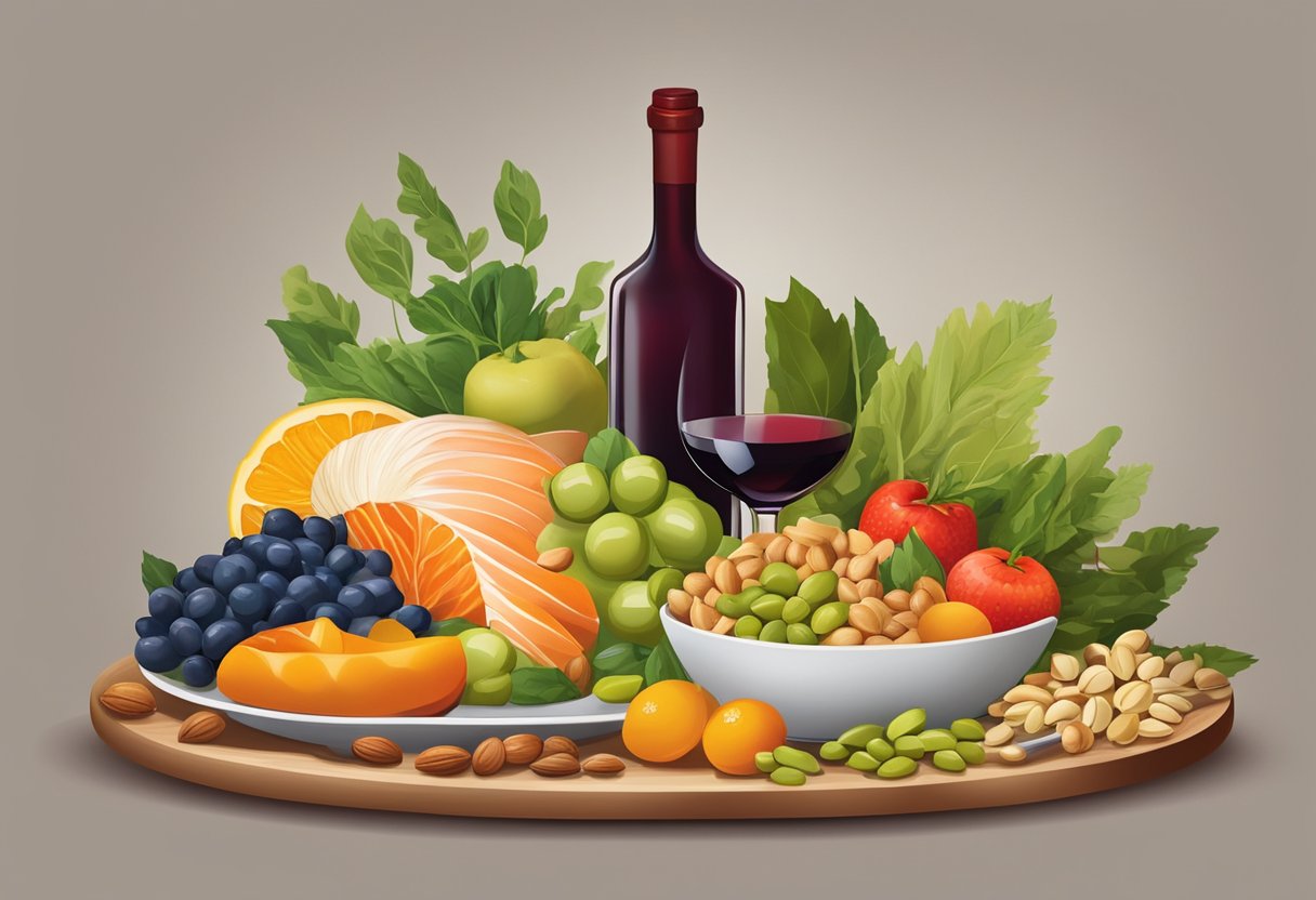 A table filled with colorful fruits, vegetables, nuts, olive oil, and whole grains. A glass of red wine and a plate of fish and legumes. The scene exudes freshness and balance