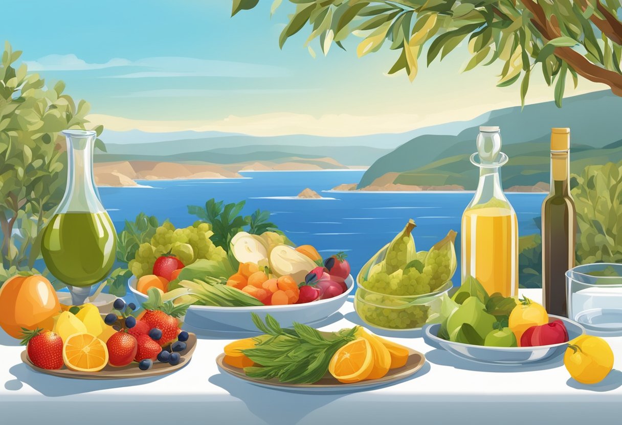 A table set with colorful fruits, vegetables, whole grains, and fish. A serene backdrop of a coastal landscape with olive trees and a clear blue sky