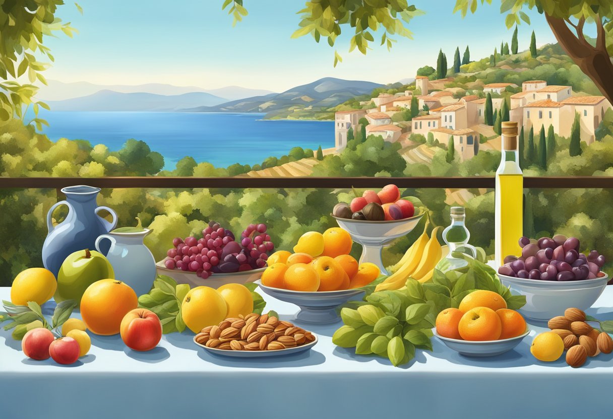 A table filled with colorful fruits, vegetables, nuts, and olive oil, surrounded by a serene Mediterranean landscape with clear blue skies and calm waters