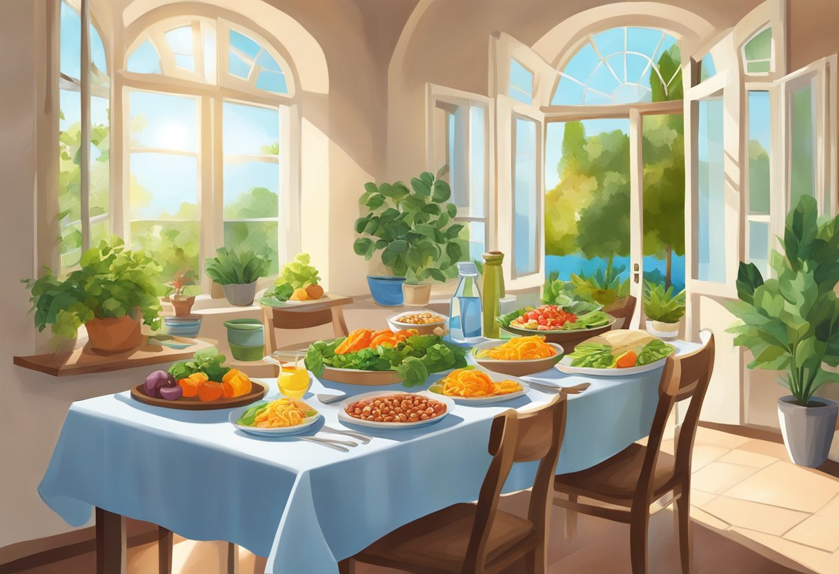 A table set with colorful Mediterranean foods, surrounded by greenery and sunlight streaming in through a window