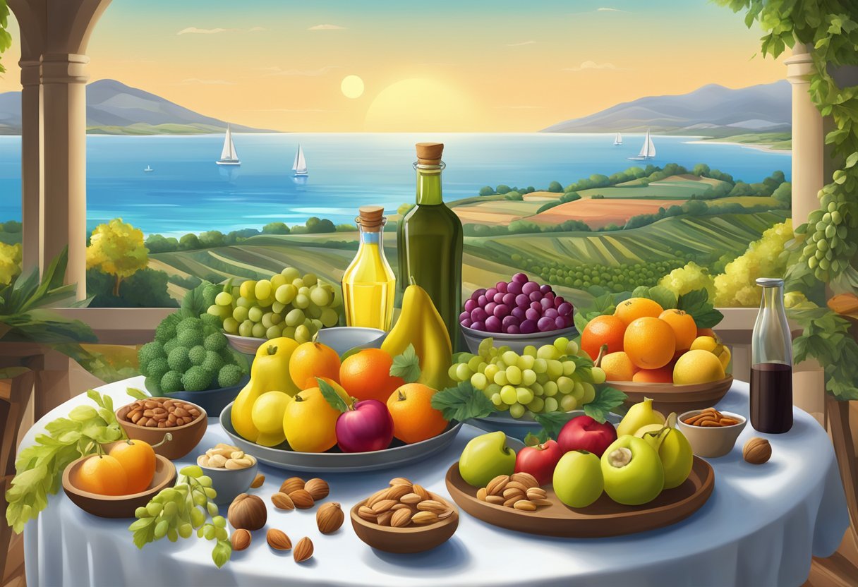 A table filled with colorful fruits, vegetables, nuts, and olive oil, surrounded by a serene coastal landscape