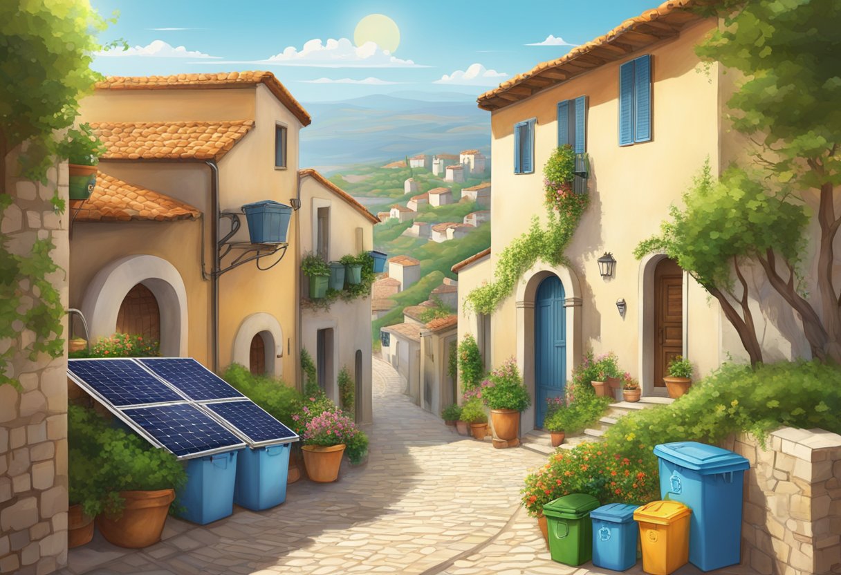 A lush Mediterranean landscape with solar panels on rooftops, wind turbines in the distance, and recycling bins alongside a cobblestone street