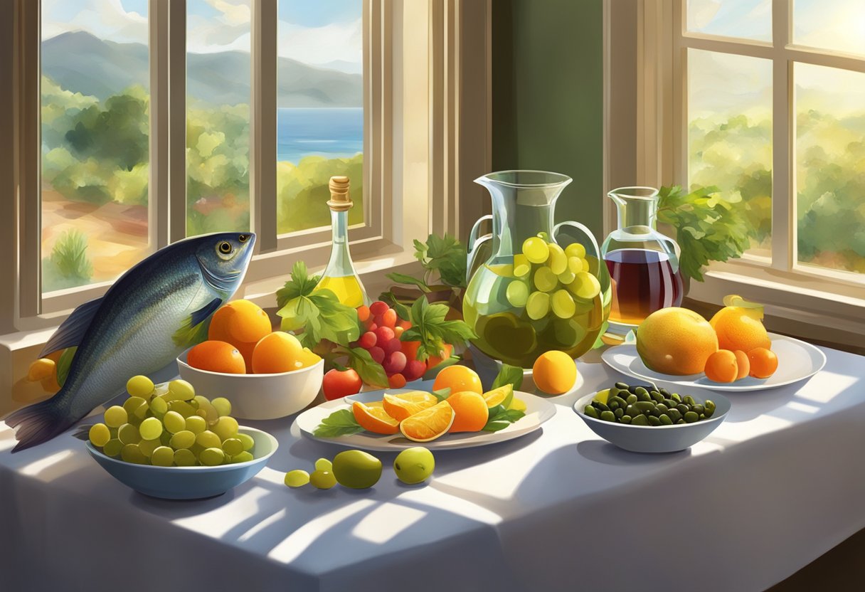 A table set with colorful fruits, vegetables, olive oil, and fish. Sunlight streams through a window onto the spread