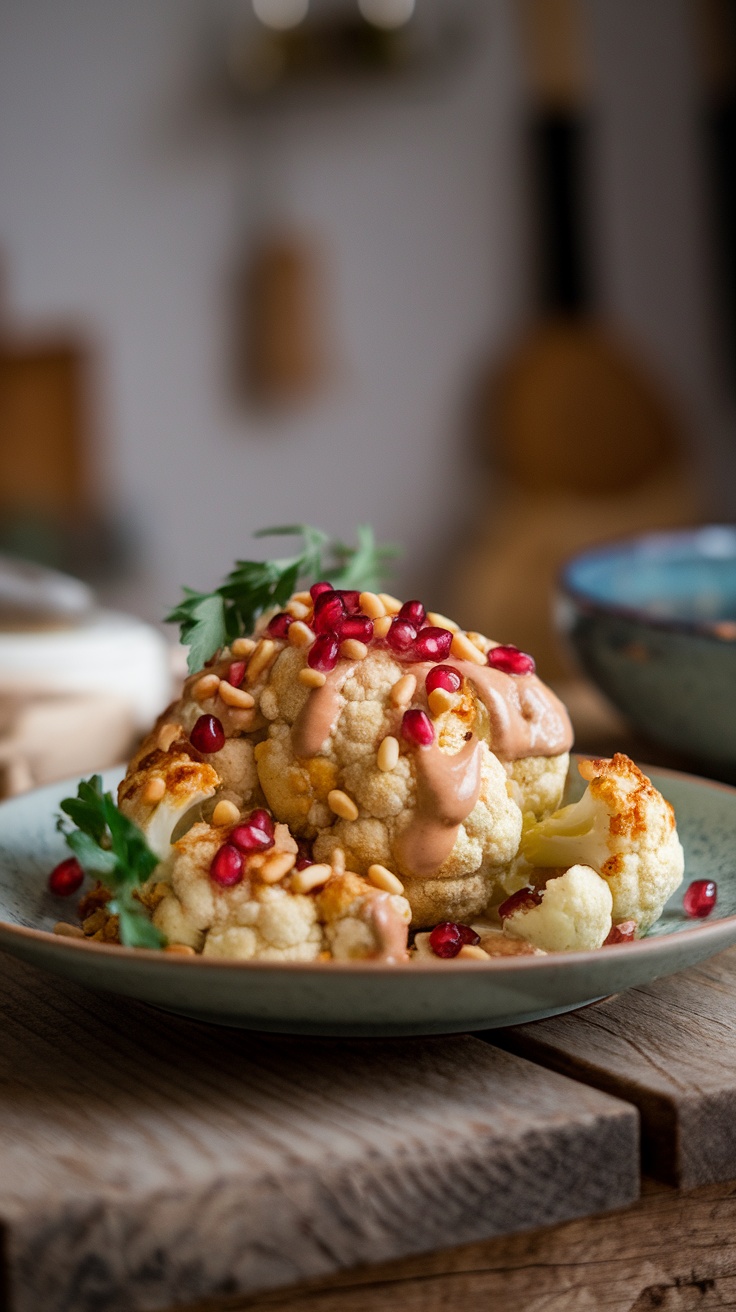 Roasted cauliflower topped with tahini, pine nuts, and pomegranate on a rustic wooden table.