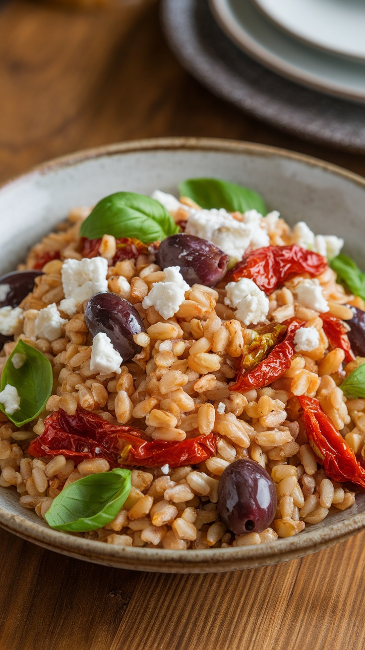 Mediterranean farro salad with sun-dried tomatoes, Kalamata olives, fresh basil and feta cheese in a rustic bowl.