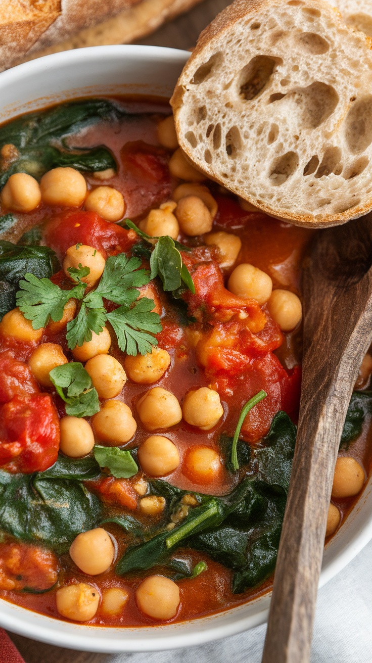 A bowl of Mediterranean chickpea stew with chickpeas, spinach, and tomatoes, garnished with coriander, alongside a slice of crusty bread.