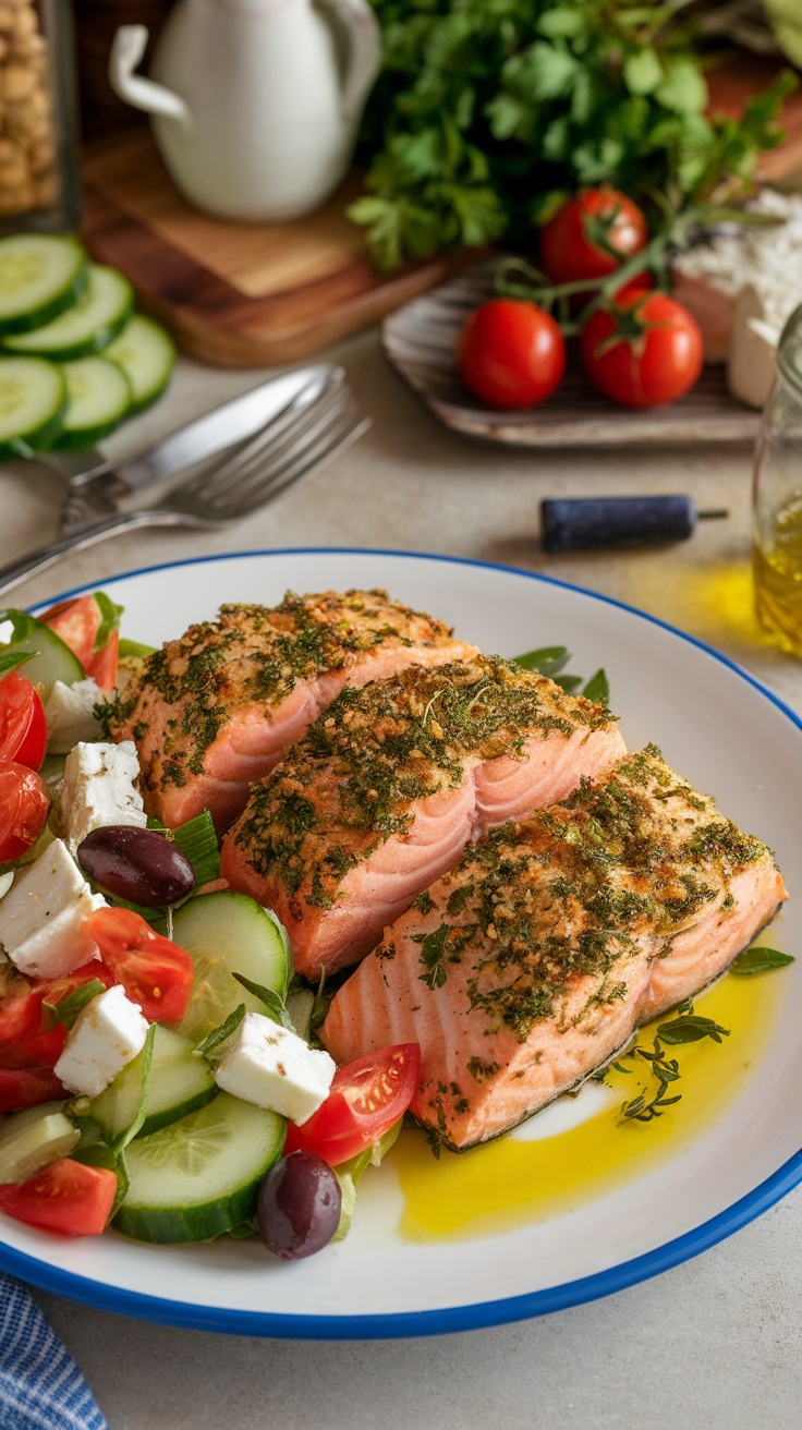 Herb-crusted salmon with Greek salad and olive oil vinaigrette on a rustic table.