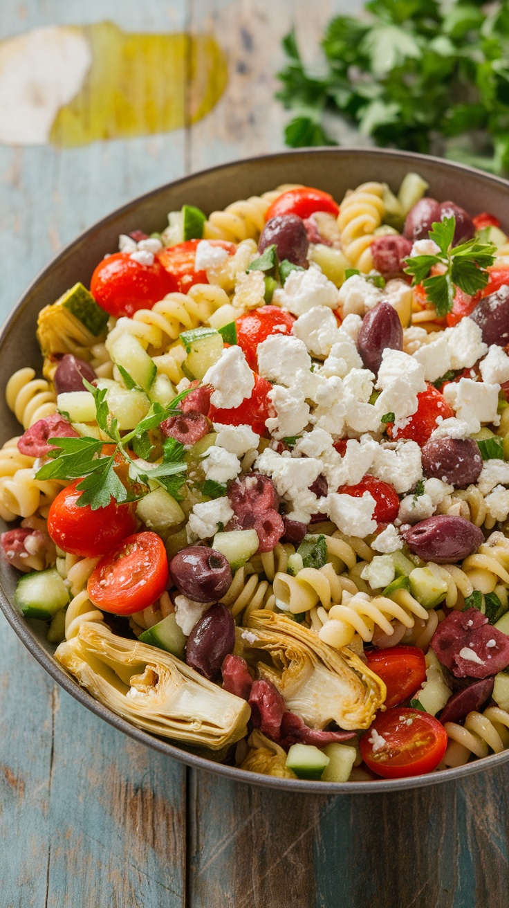 A bowl of Mediterranean Pasta Salad with artichokes, olives, tomatoes, feta, and cucumber on a rustic table.