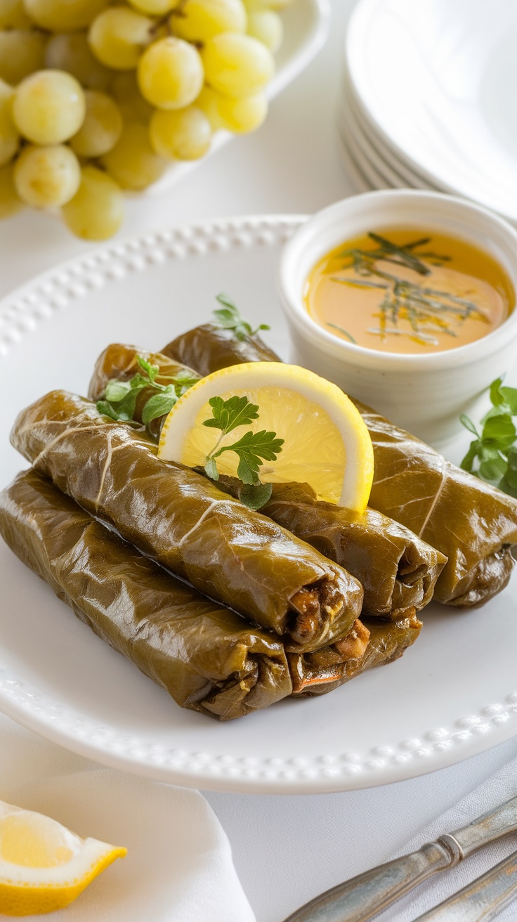 Stuffed grape leaves garnished with lemon and herbs, served with lemon sauce.