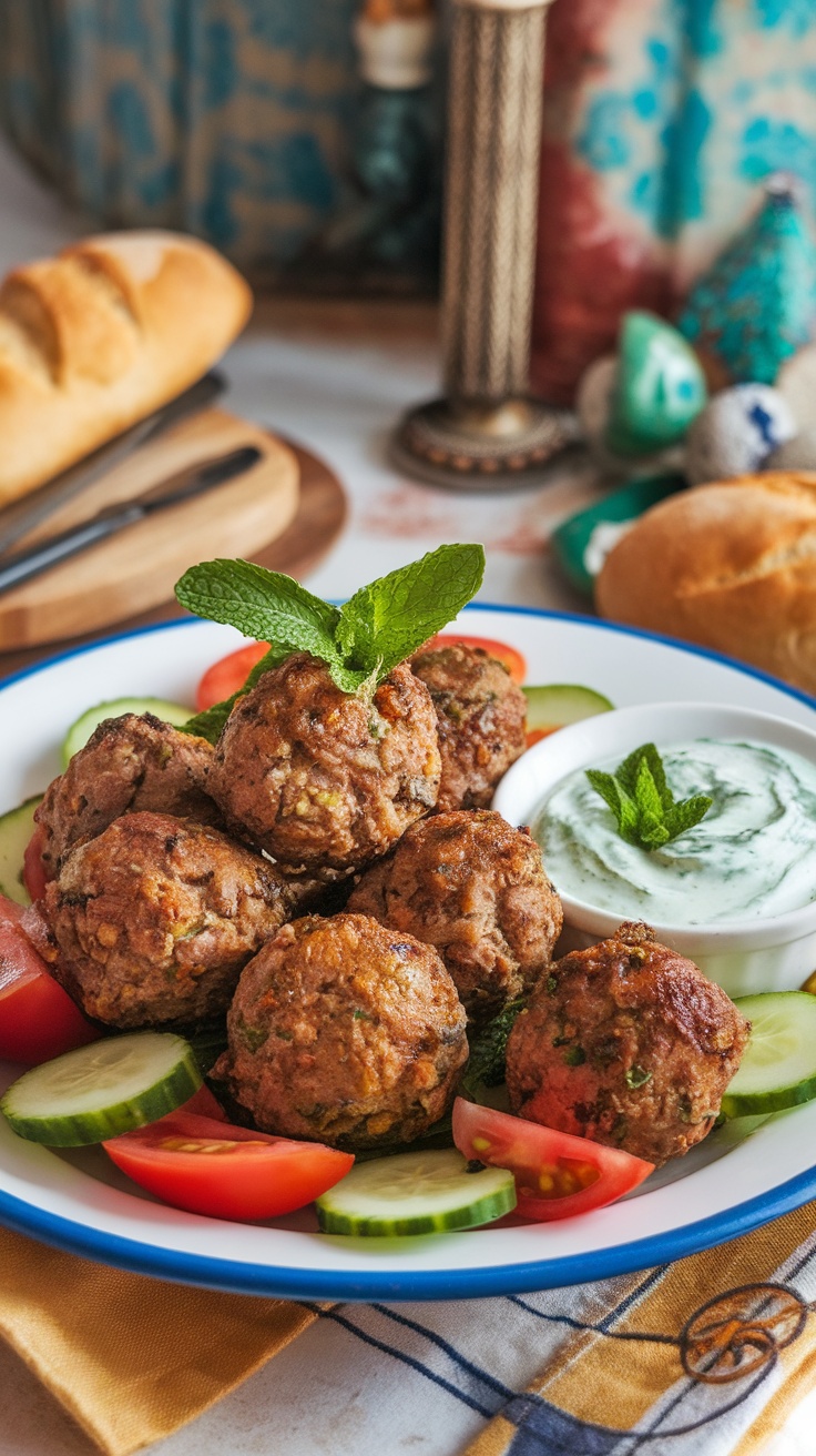 Spiced lamb meatballs with mint yogurt sauce on a plate, garnished with mint leaves and accompanied by a fresh salad.