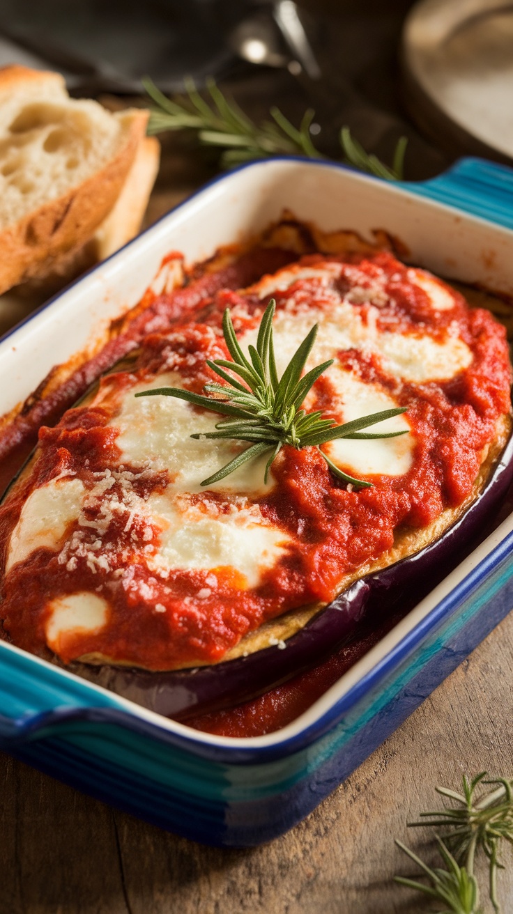 Layered Mediterranean Eggplant Parmesan with eggplant, marinara, mozzarella, and basil served in a ceramic dish.