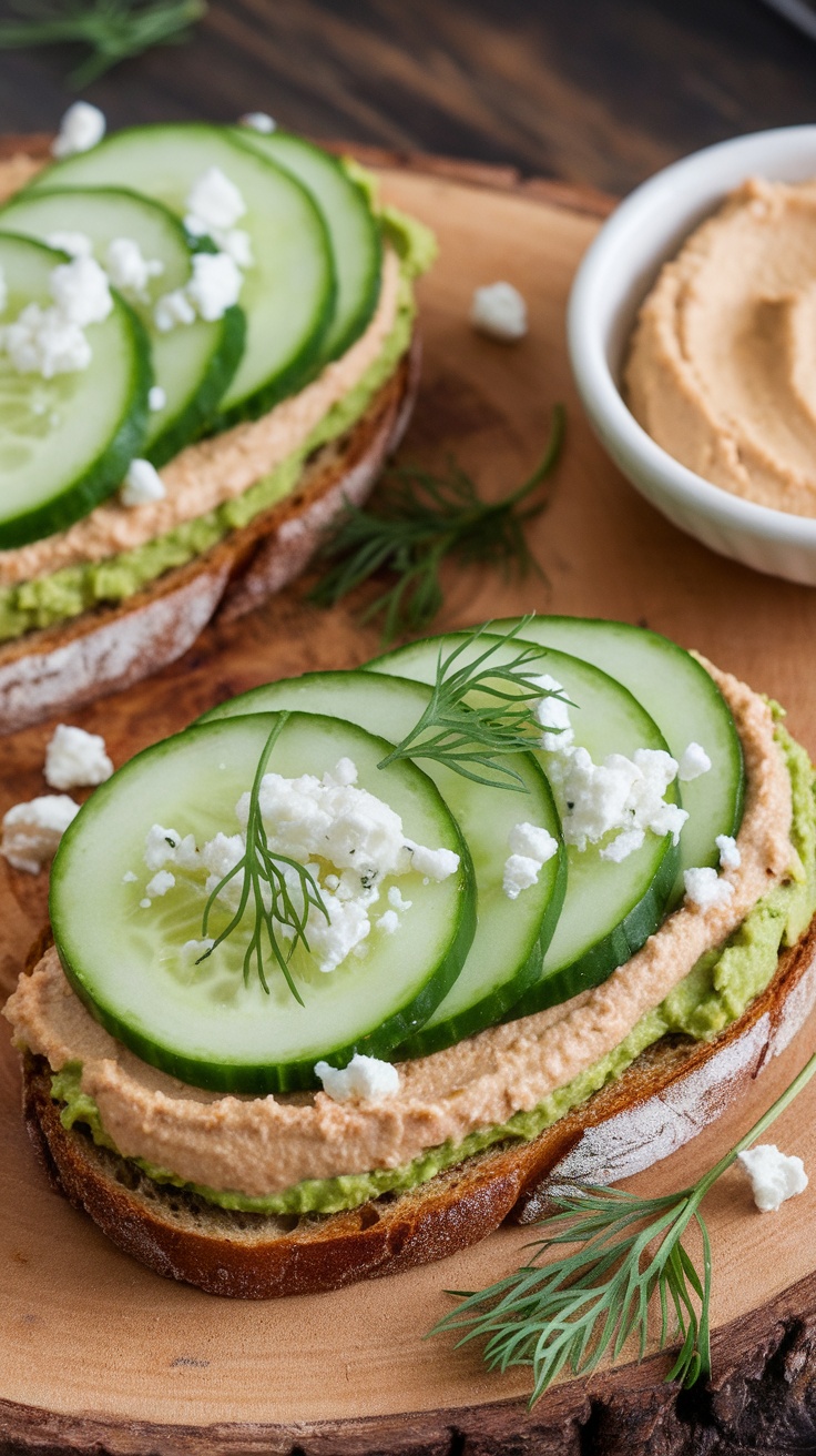 Mediterranean toast topped with avocado, hummus, cucumber, feta, and dill on a wooden board.