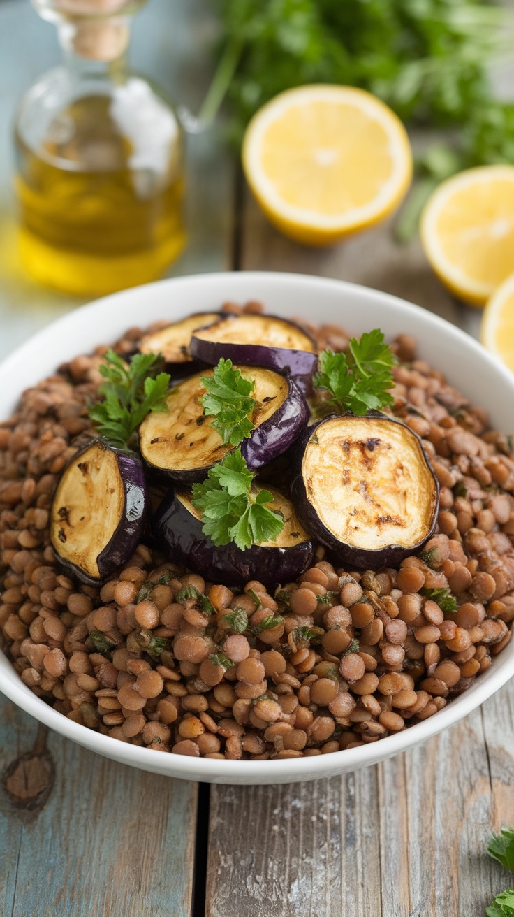 Bowl of warm Mediterranean lentils with roasted eggplant and zucchini, garnished with parsley on a wooden table.