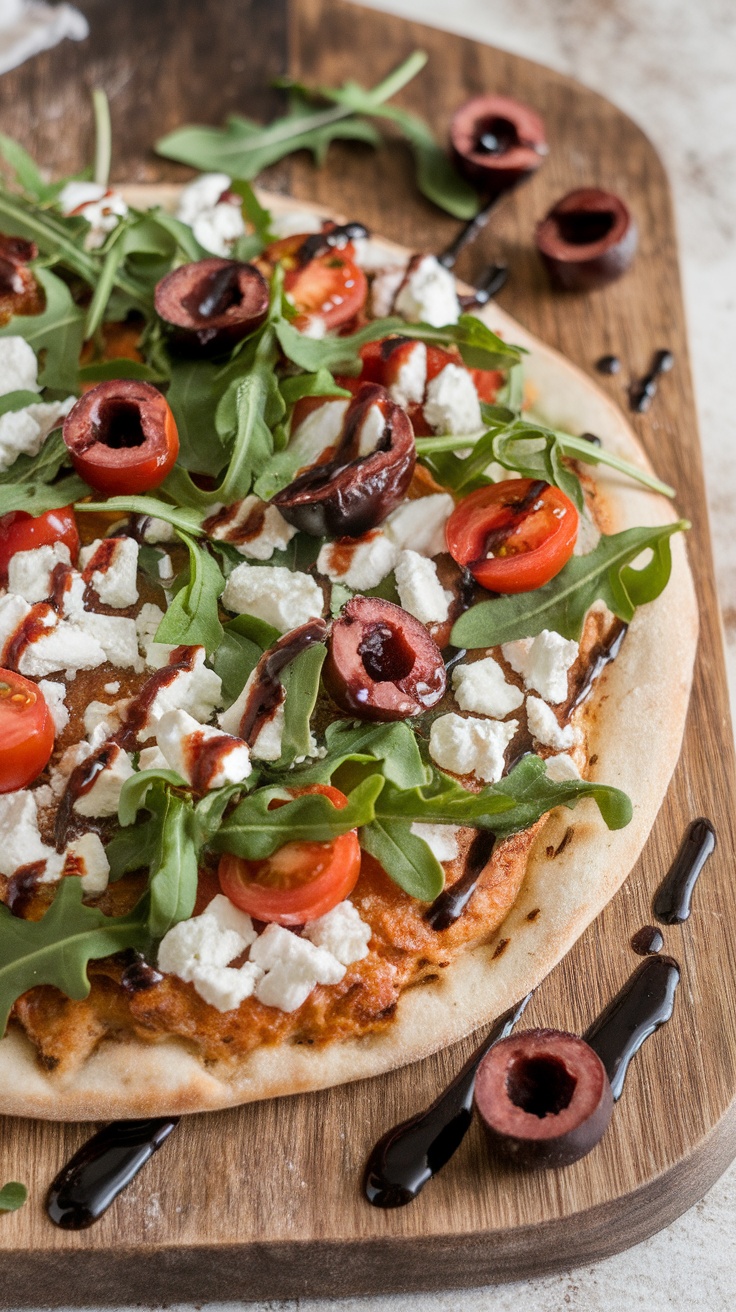 Mediterranean flatbread pizza with feta, olives, arugula, and cherry tomatoes, with balsamic glaze on a wooden board.