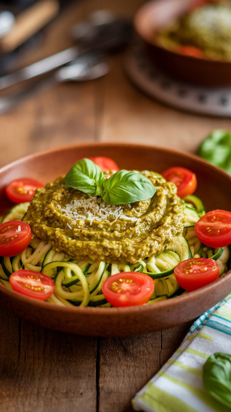 Zucchini noodles mixed with basil pesto and cherry tomatoes in a bowl, garnished with fresh basil.