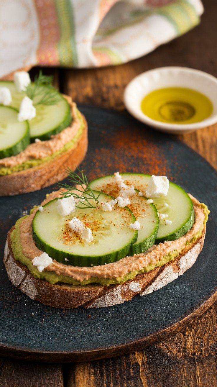 A close-up of Mediterranean toast topped with hummus, avocado, cucumber, dill, and feta on a wooden table.