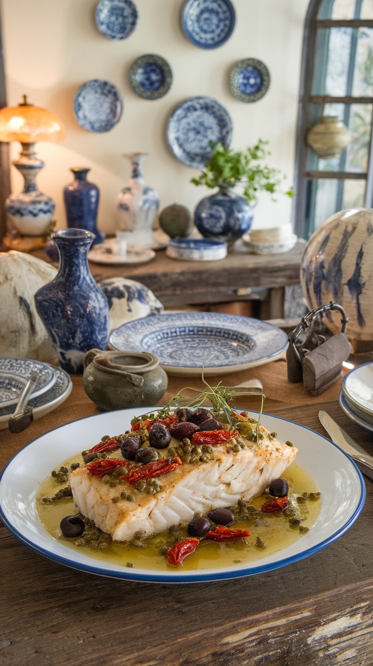 Baked Mediterranean cod with olives and sun-dried tomatoes served on a plate