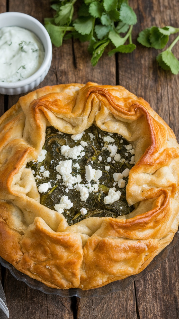 A delicious Greek Spanakopita pie with spinach and feta, served with a side of dip.