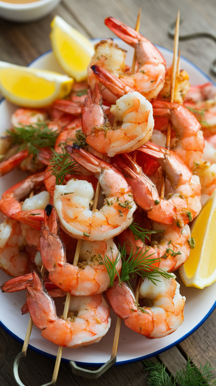 Grilled shrimp skewers garnished with dill and lemon on a platter.