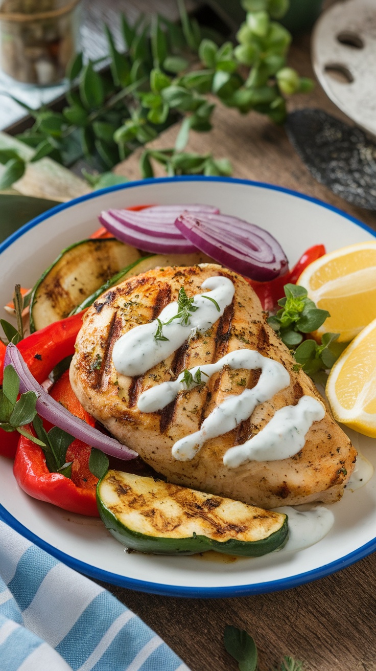 Grilled chicken with tzatziki sauce, served with vegetables and lemon slices.