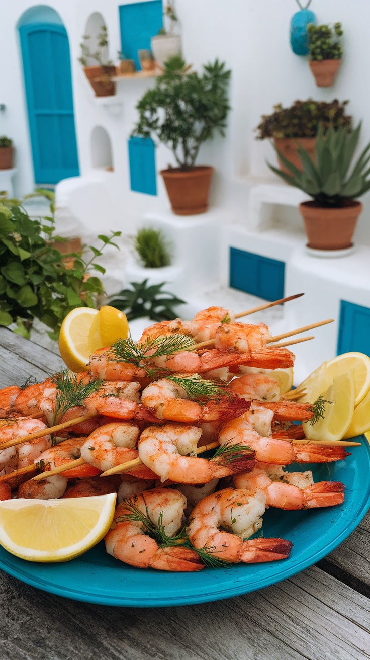 A plate of grilled shrimp skewers garnished with lemon and dill, set against a backdrop of Mediterranean-style decor.