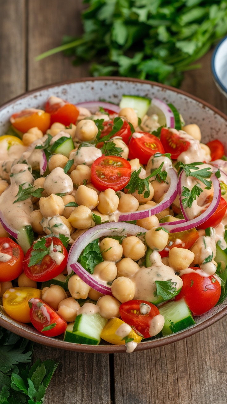 A vibrant bowl of Mediterranean chickpea salad with vegetables and tahini dressing