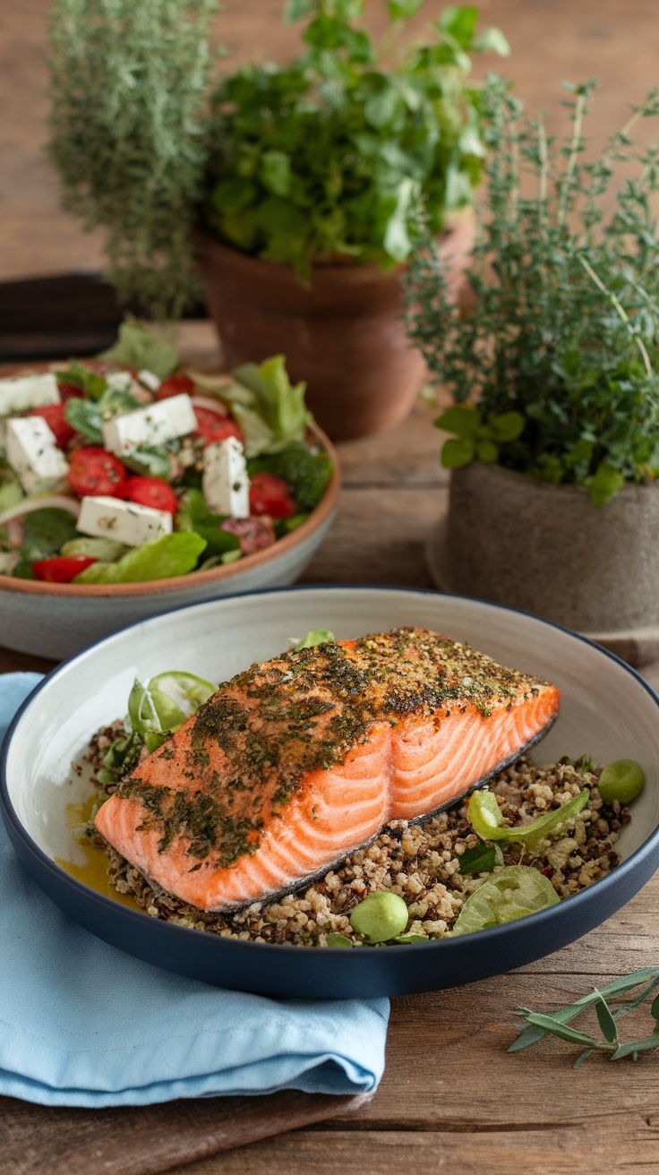 Herb-Crusted Mediterranean Salmon served with Greek Salad and Olive Oil Vinaigrette