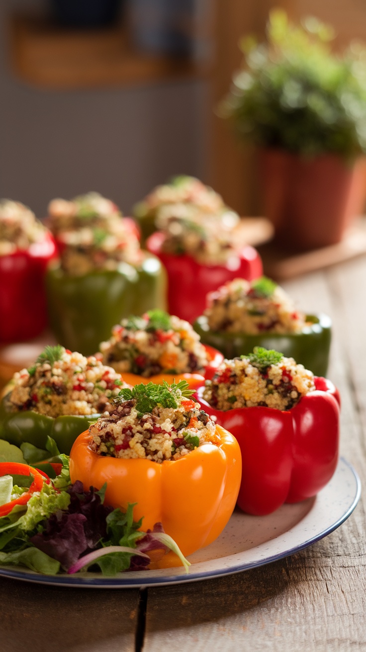 Colorful bell peppers stuffed with quinoa and vegetables served on a plate