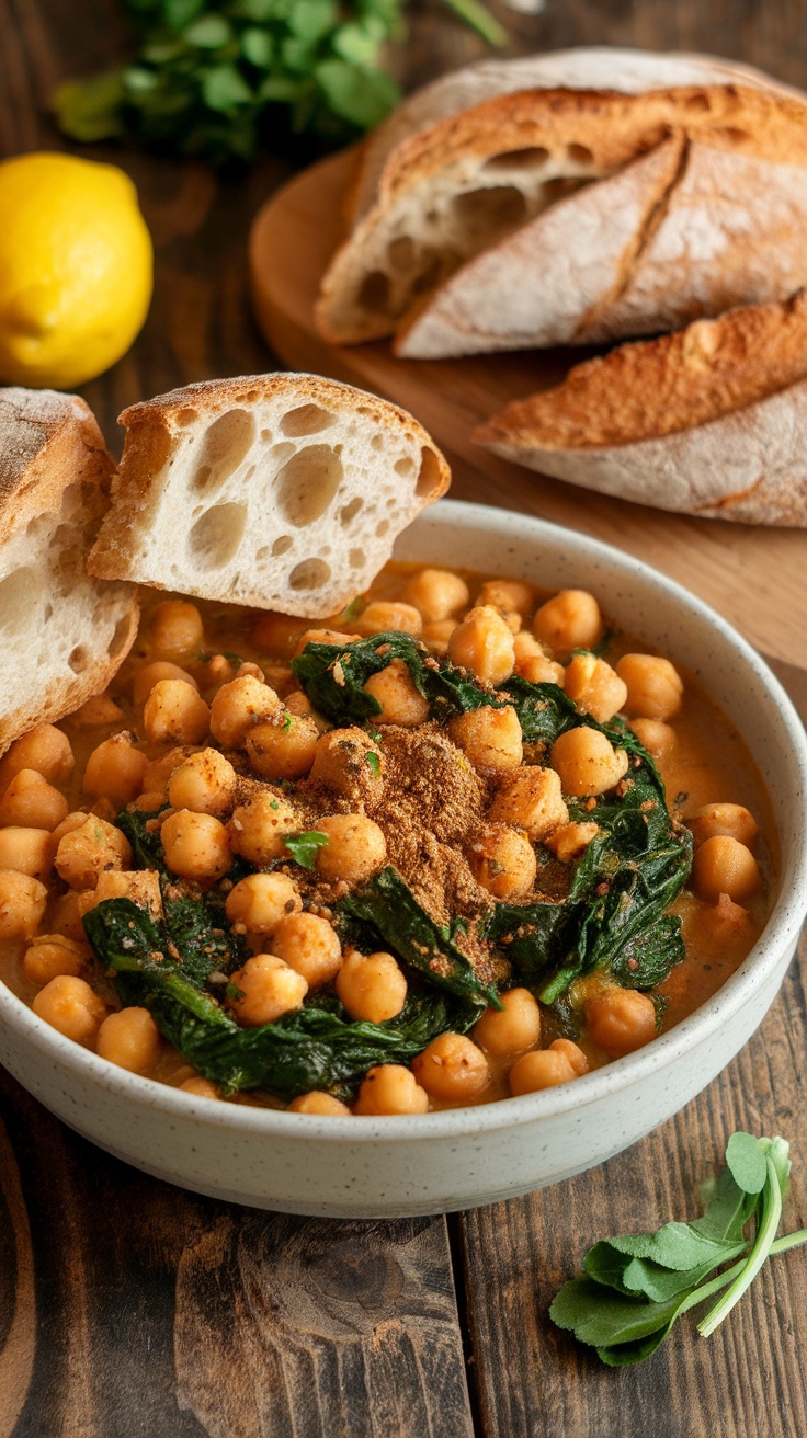 A bowl of Mediterranean chickpea stew with spinach and bread on the side