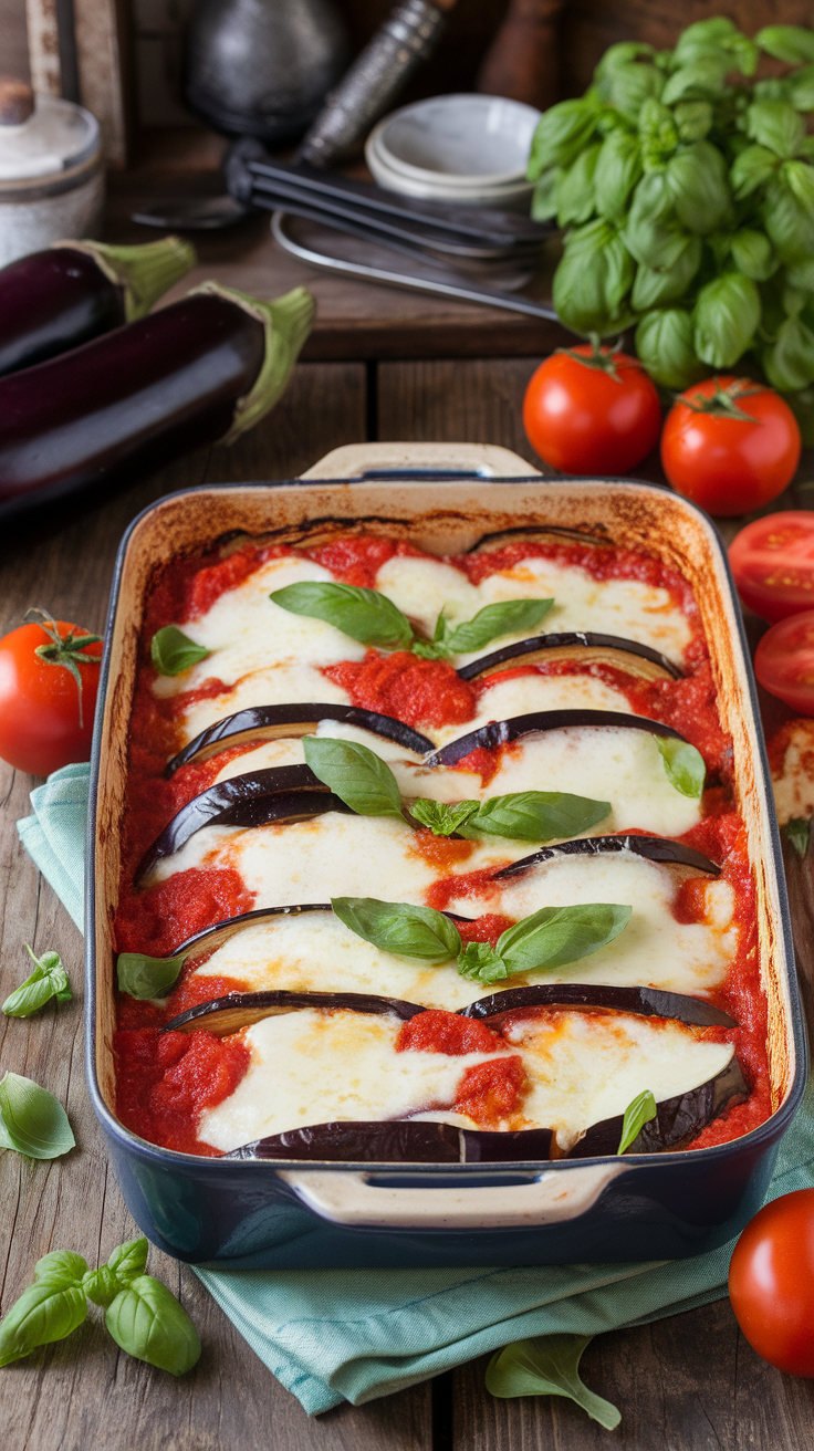 A delicious looking Mediterranean Eggplant Parmesan with layers of eggplant, cheese, and basil.