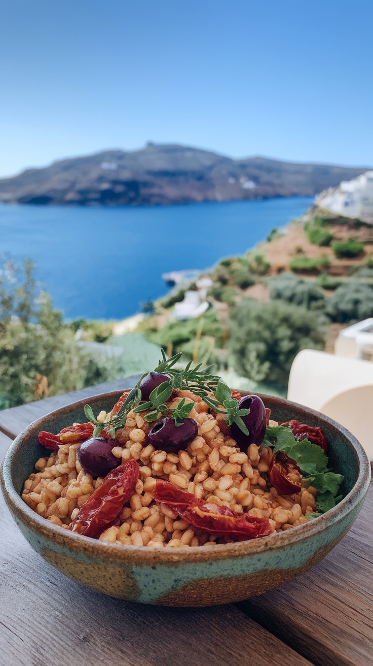 A vibrant Mediterranean farro salad featuring sun-dried tomatoes and Kalamata olives in a rustic bowl, with a stunning view of the sea in the background.