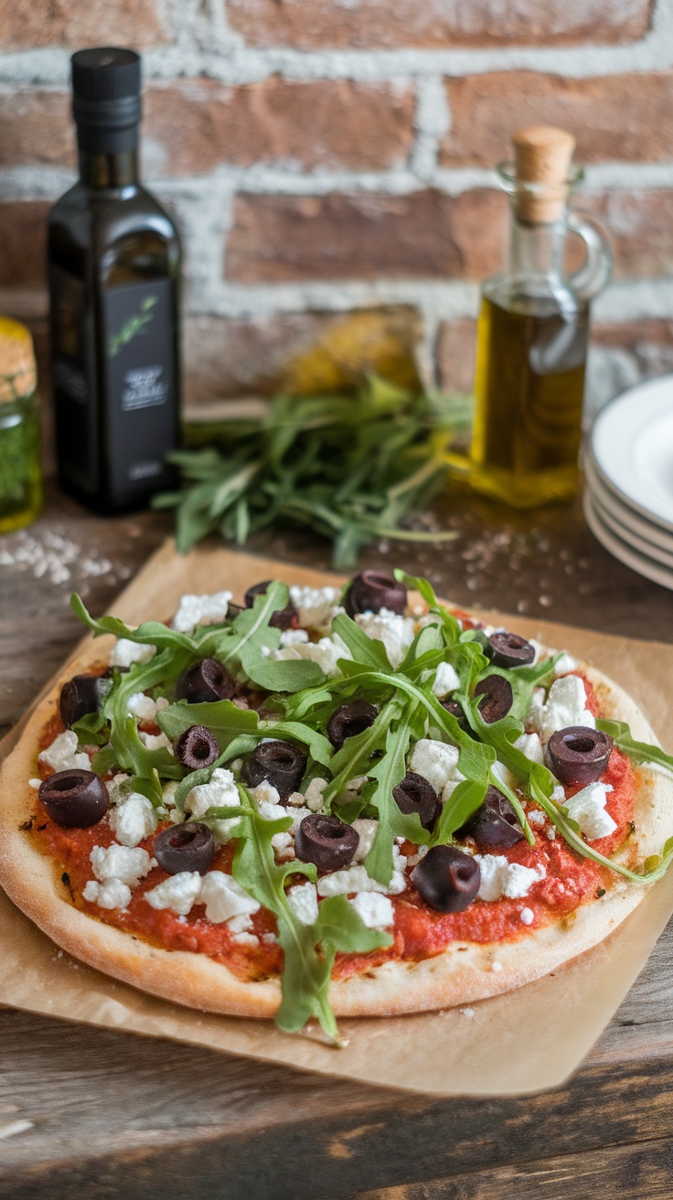 Mediterranean flatbread pizza topped with feta, olives, and arugula