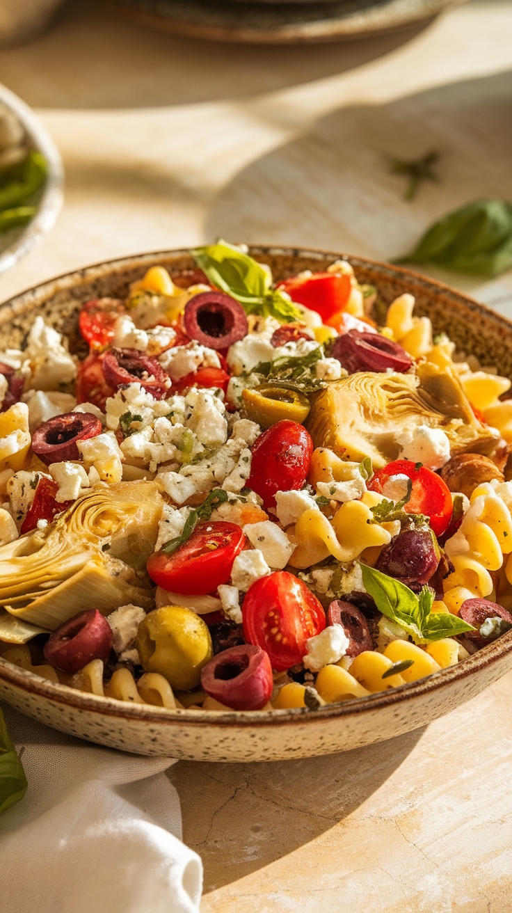 A vibrant Mediterranean pasta salad featuring marinated artichokes, cherry tomatoes, olives, and feta cheese.