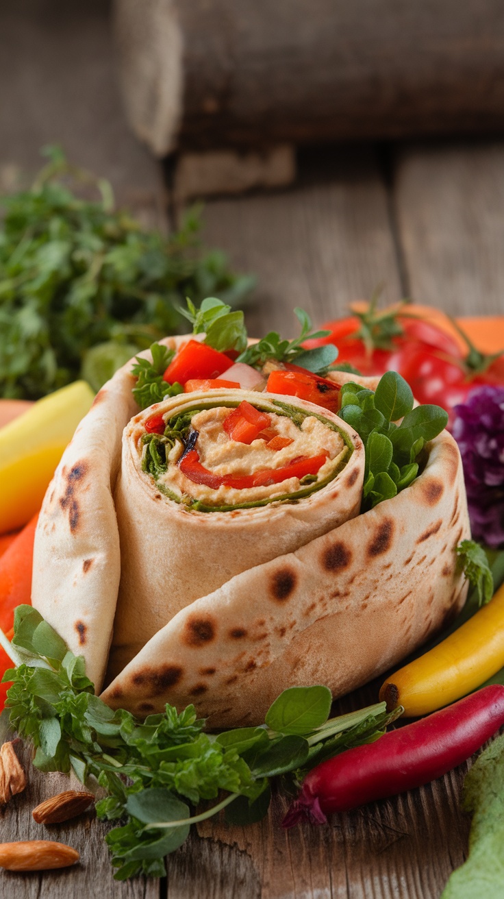 A delicious Mediterranean roasted vegetable and hummus wrap with fresh vegetables