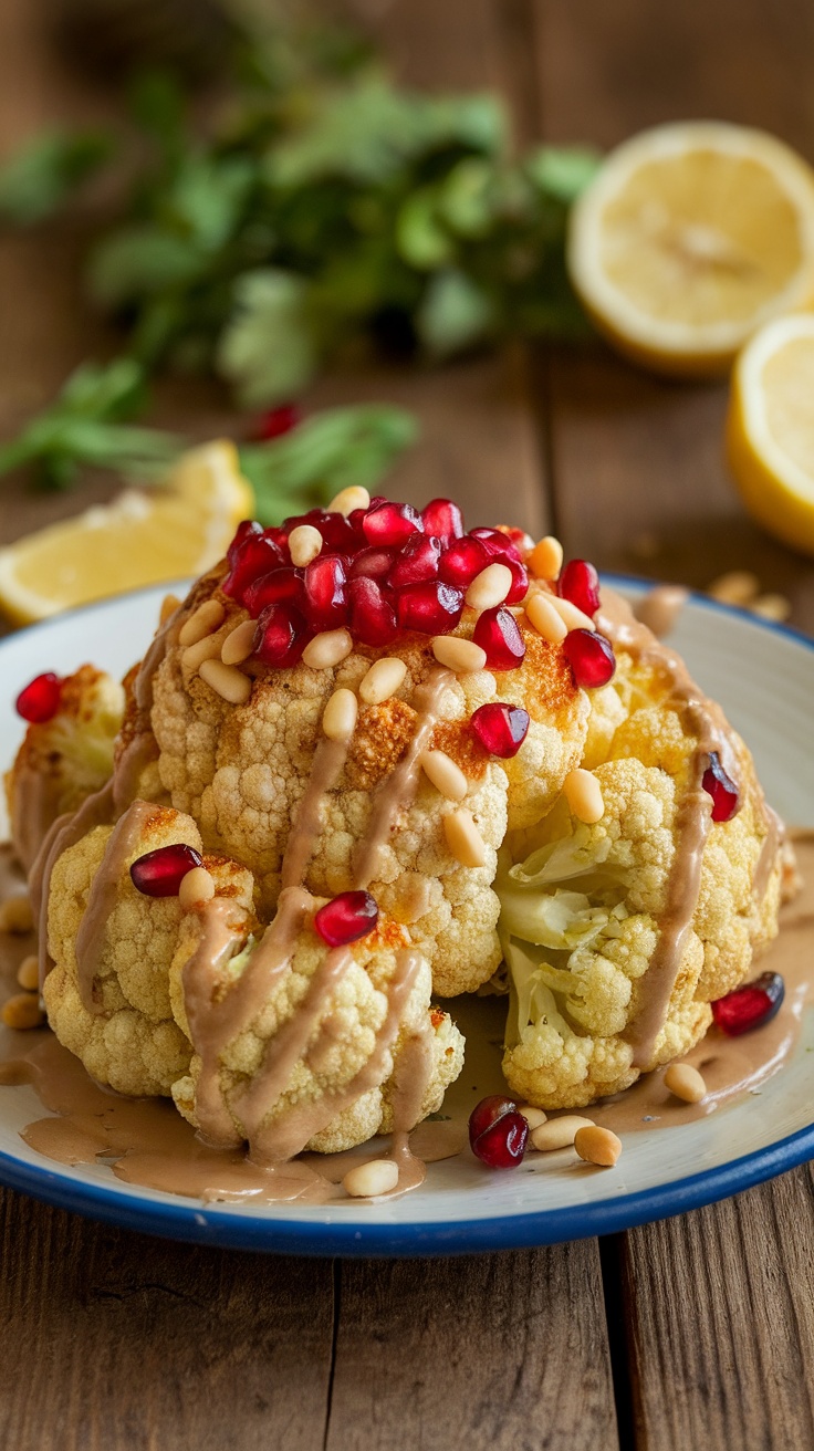 Roasted cauliflower topped with tahini, pine nuts, and pomegranate seeds