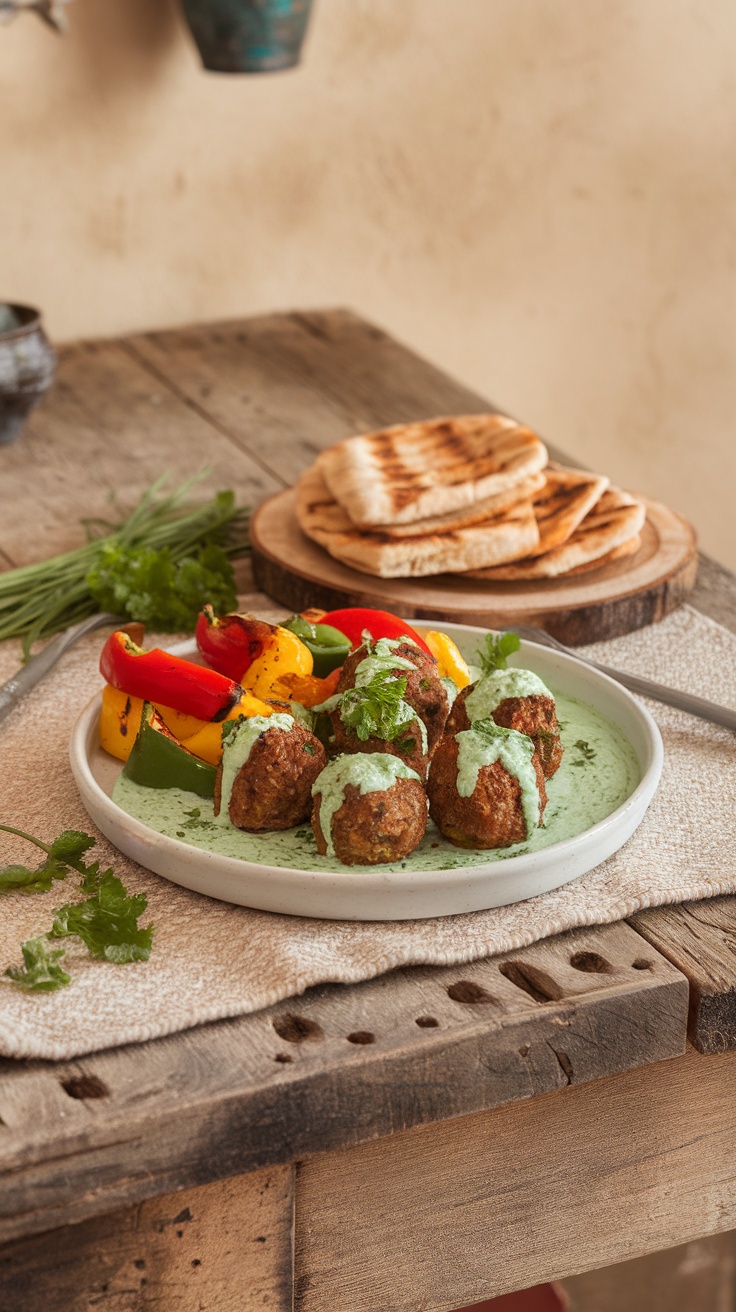 Plate of spiced Mediterranean lamb meatballs with mint yogurt sauce and grilled vegetables.